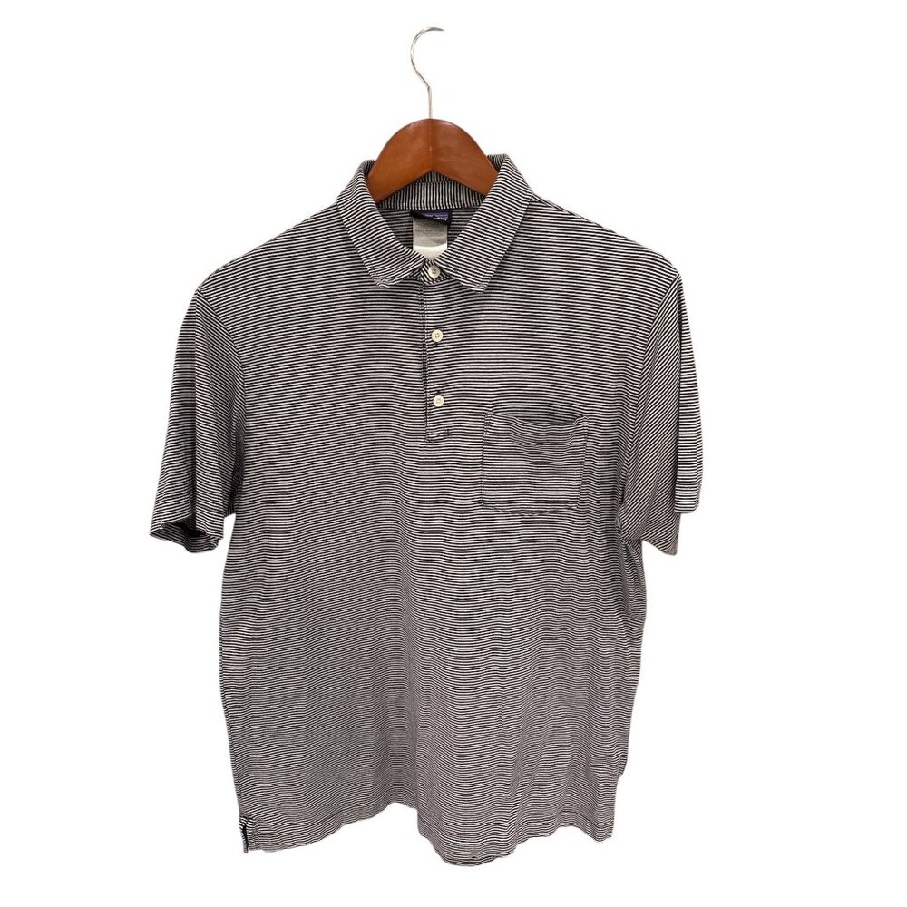 Patagonia Mens Organic Cotton Striped Polo Shirt Gray With Pocket Size M